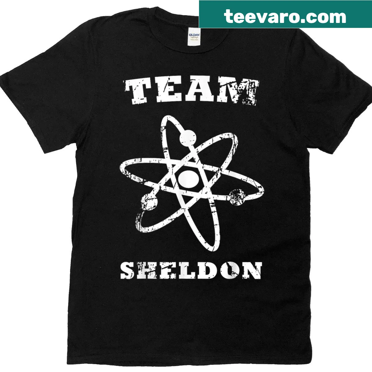 Big Bang Theory T-shirt featuring atom graphic and show logo — on a men's t-shirt