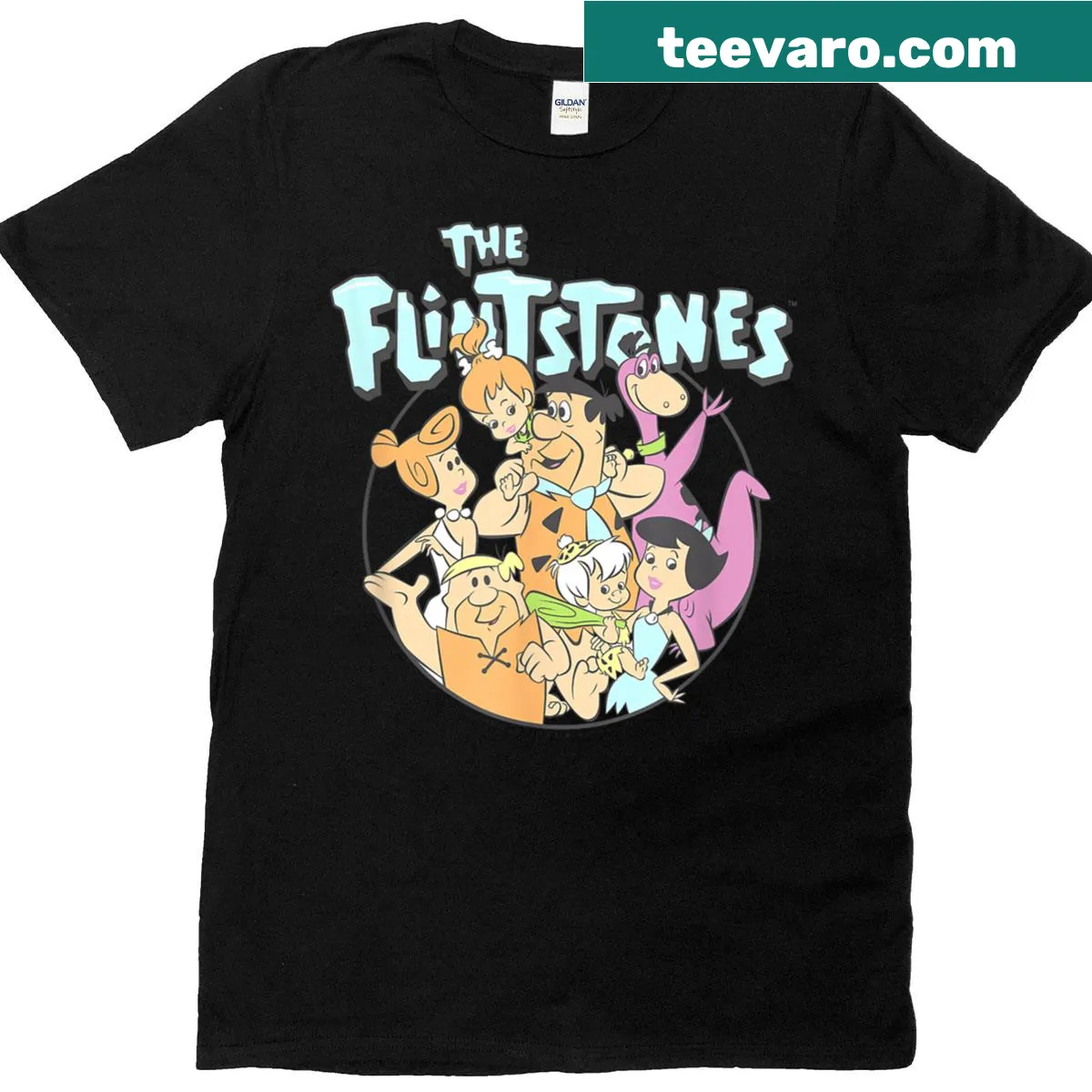 Vintage logo t-shirt featuring The Flintstones family in a group shot — on a men's t-shirt