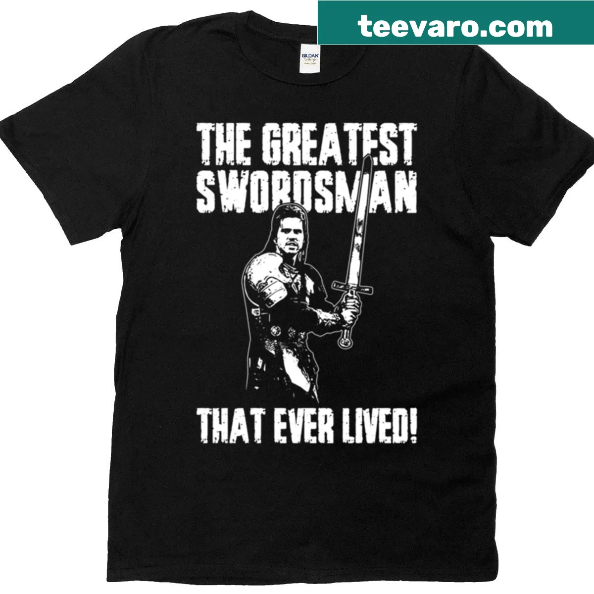 Illustrative T-shirt featuring the iconic character Madmartigan from fantasy lore — on a men's t-shirt