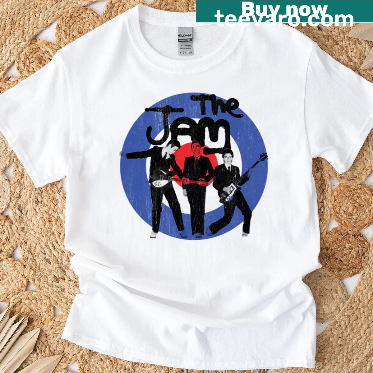 Playful graphic T-shirt showcasing a fun jam session among musicians. — on a men's t-shirt