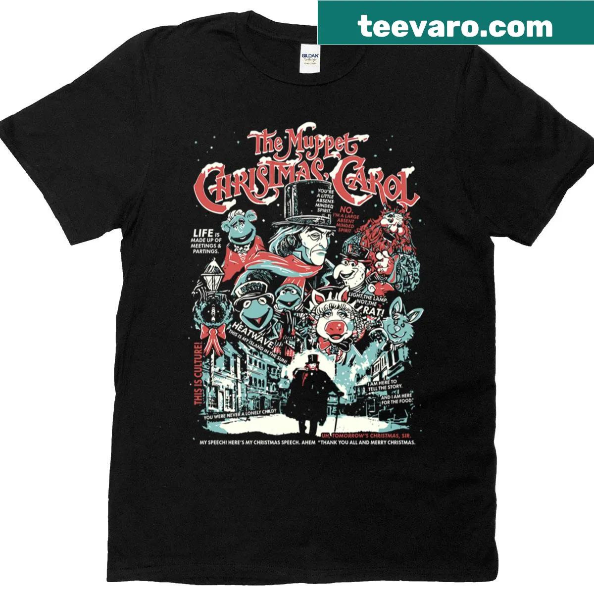 Retro vintage T-shirt featuring The Muppet Christmas Carol characters — on a men's t-shirt
