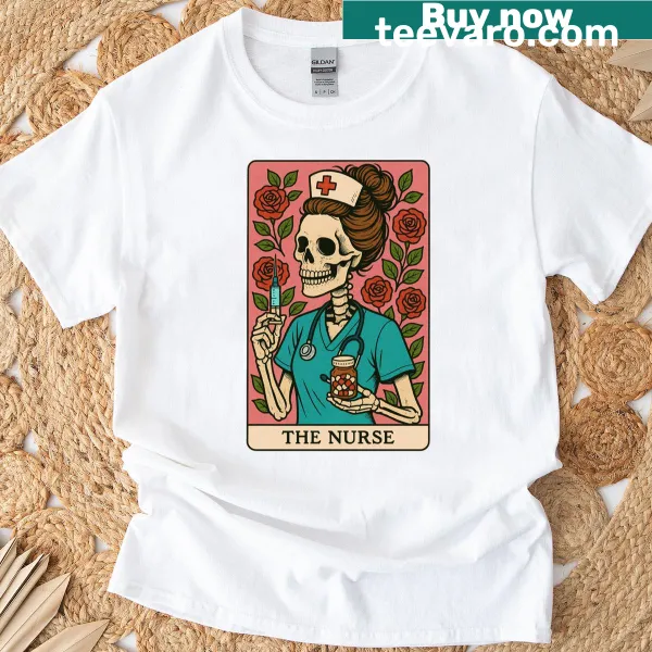 Funny retro Halloween T-shirt with skeleton nurse design