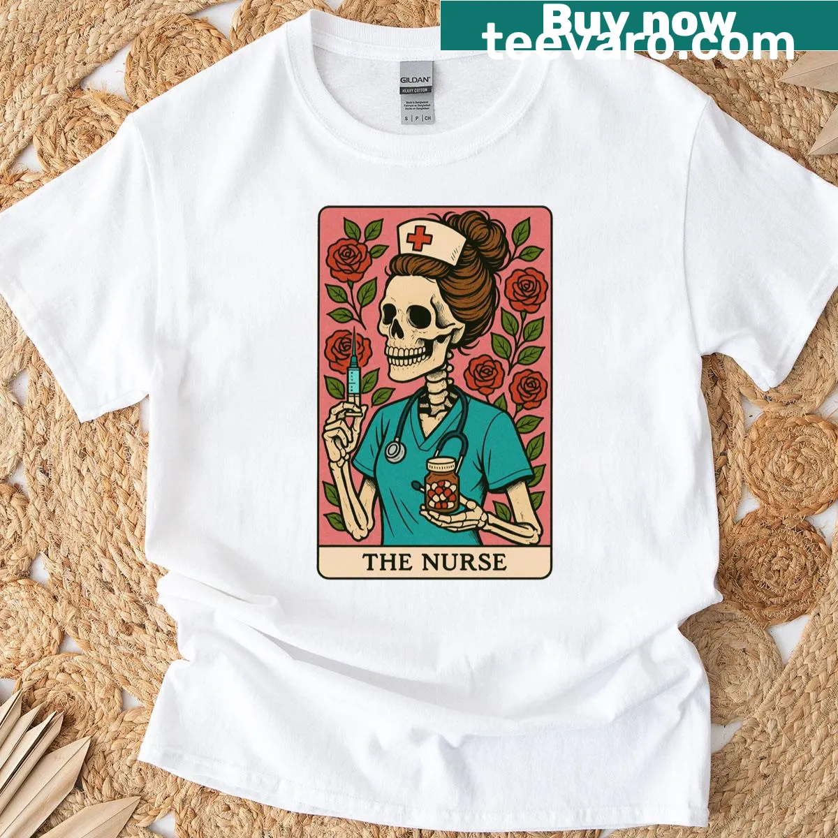 Funny retro Halloween T-shirt with skeleton nurse design — on a men's t-shirt