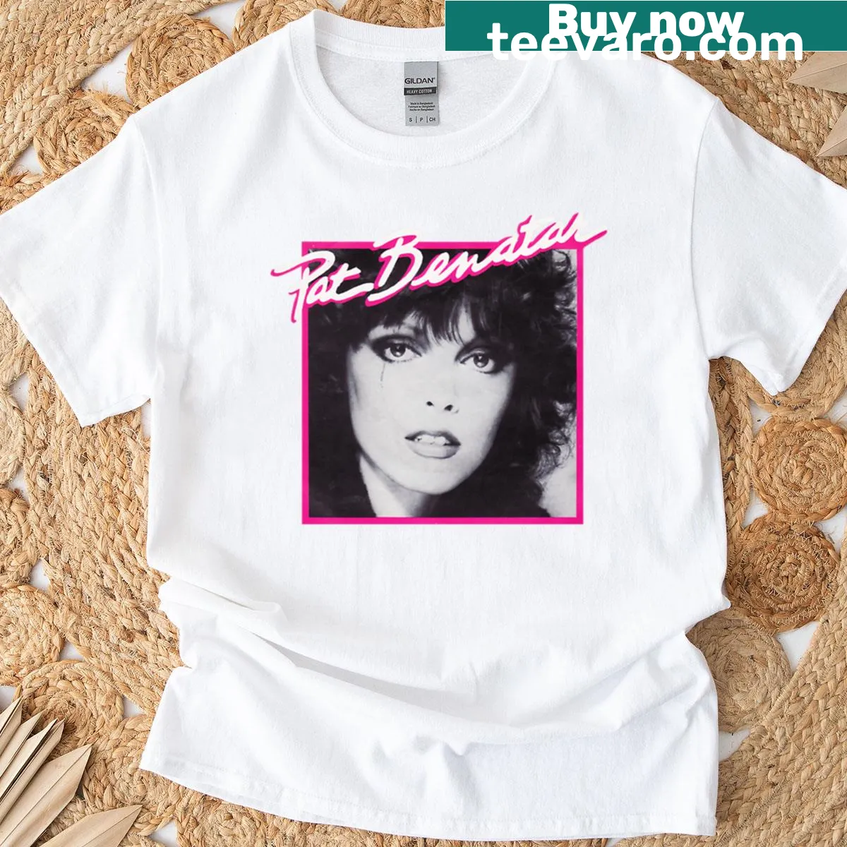 Illustration of Pat Benatar with a tribute design on the shirt — on a men's t-shirt