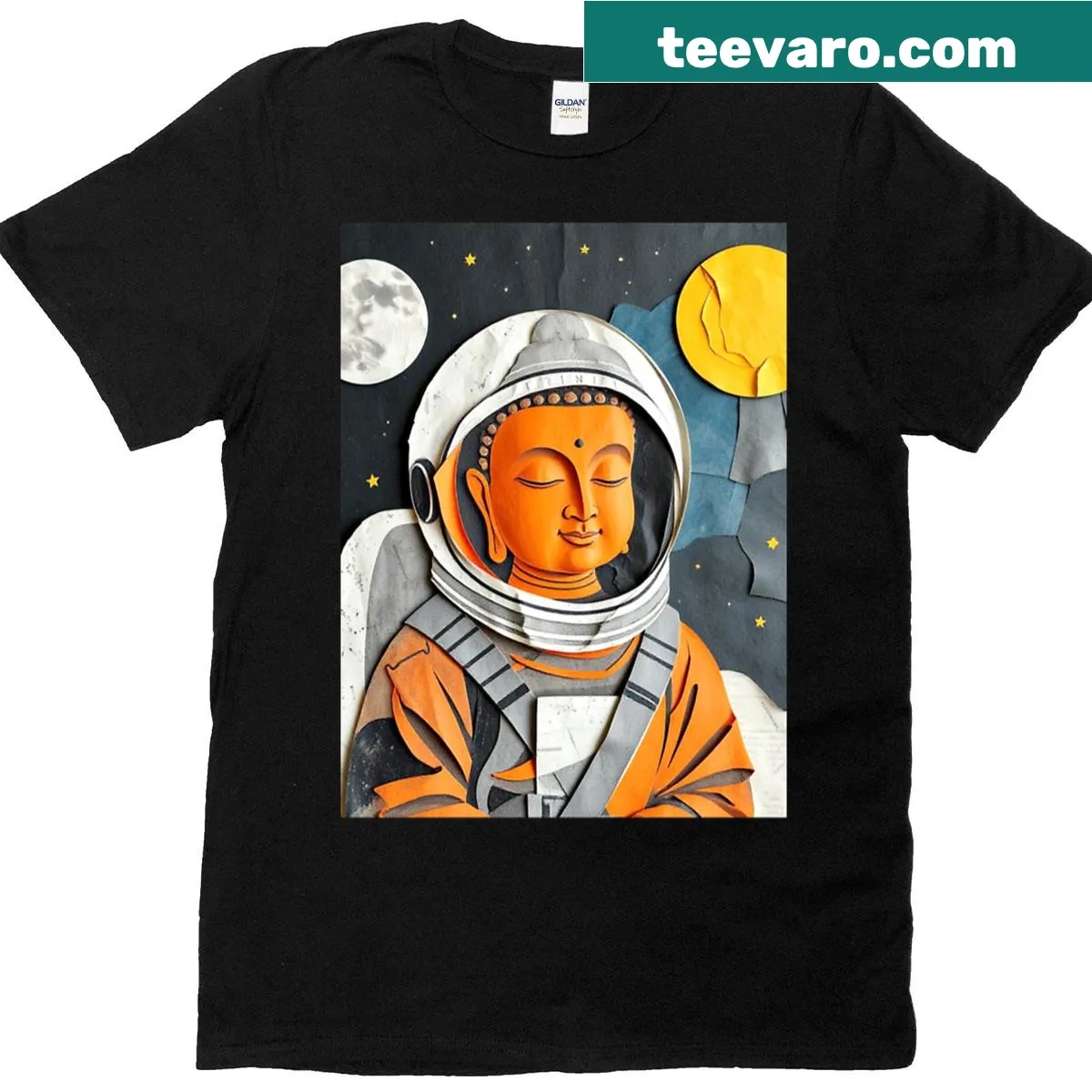 Space-themed Buddha graphic on T-shirt — on a men's t-shirt