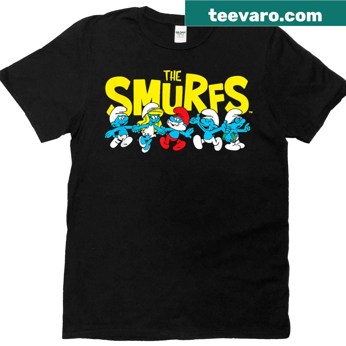 Retro Smurfs t-shirt featuring the logo and cast of characters — on a men's t-shirt