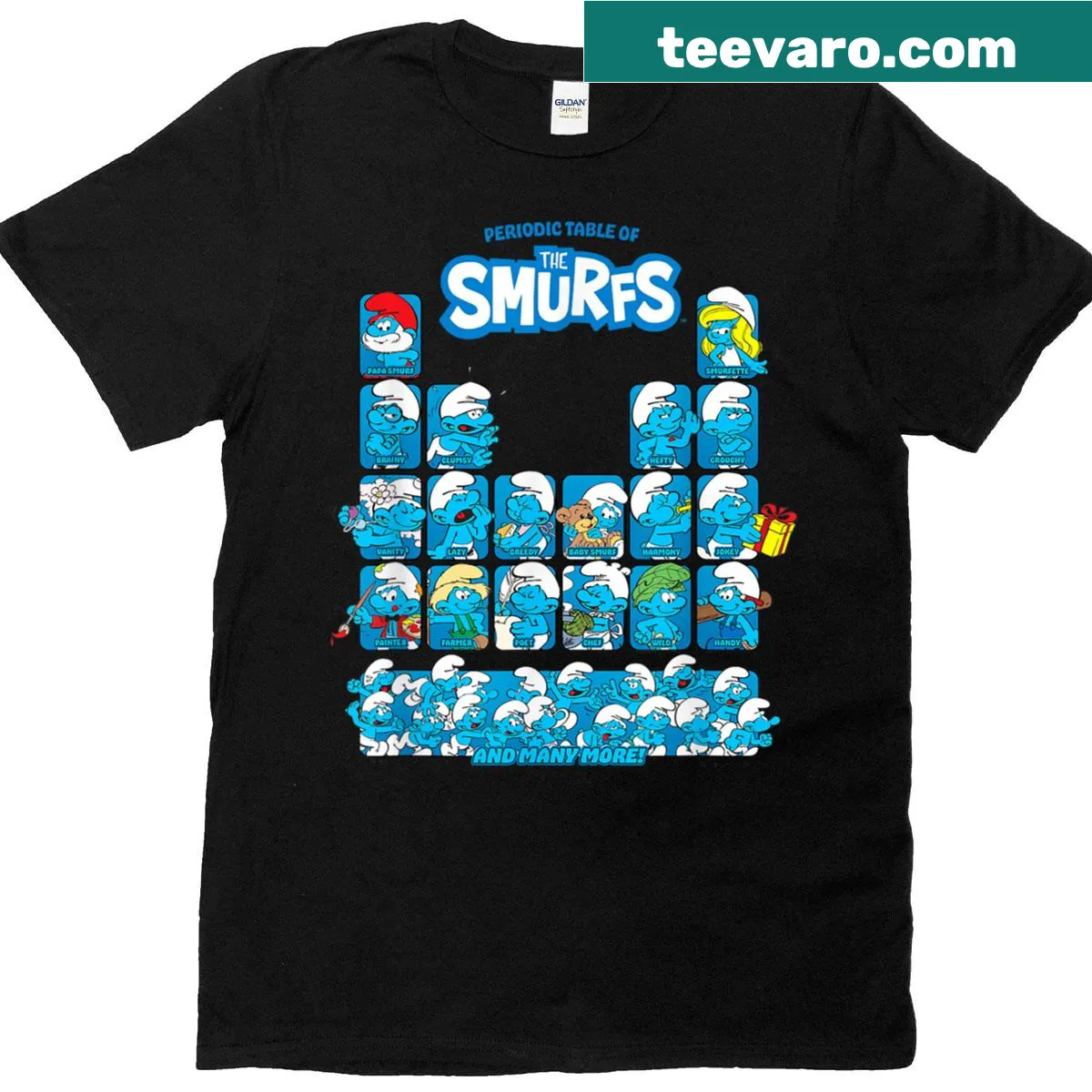 Retro t-shirt featuring a Smurfs periodic table chest logo — on a men's t-shirt
