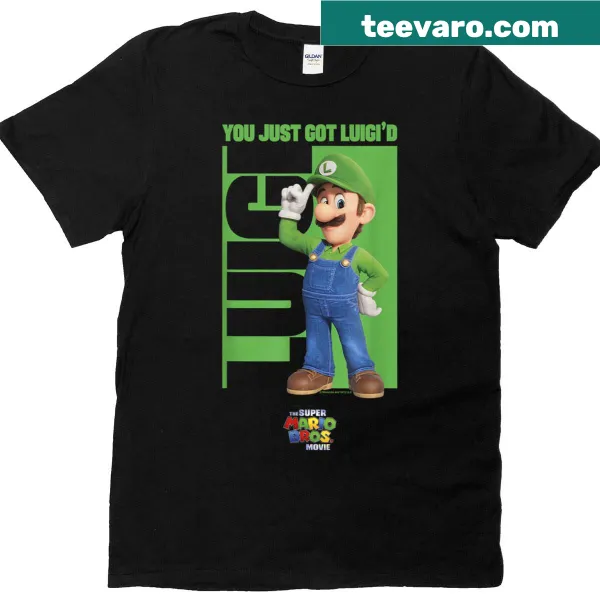 Playful 'You Just Got Luigid' logo from Super Mario Bros Movie on a T-shirt