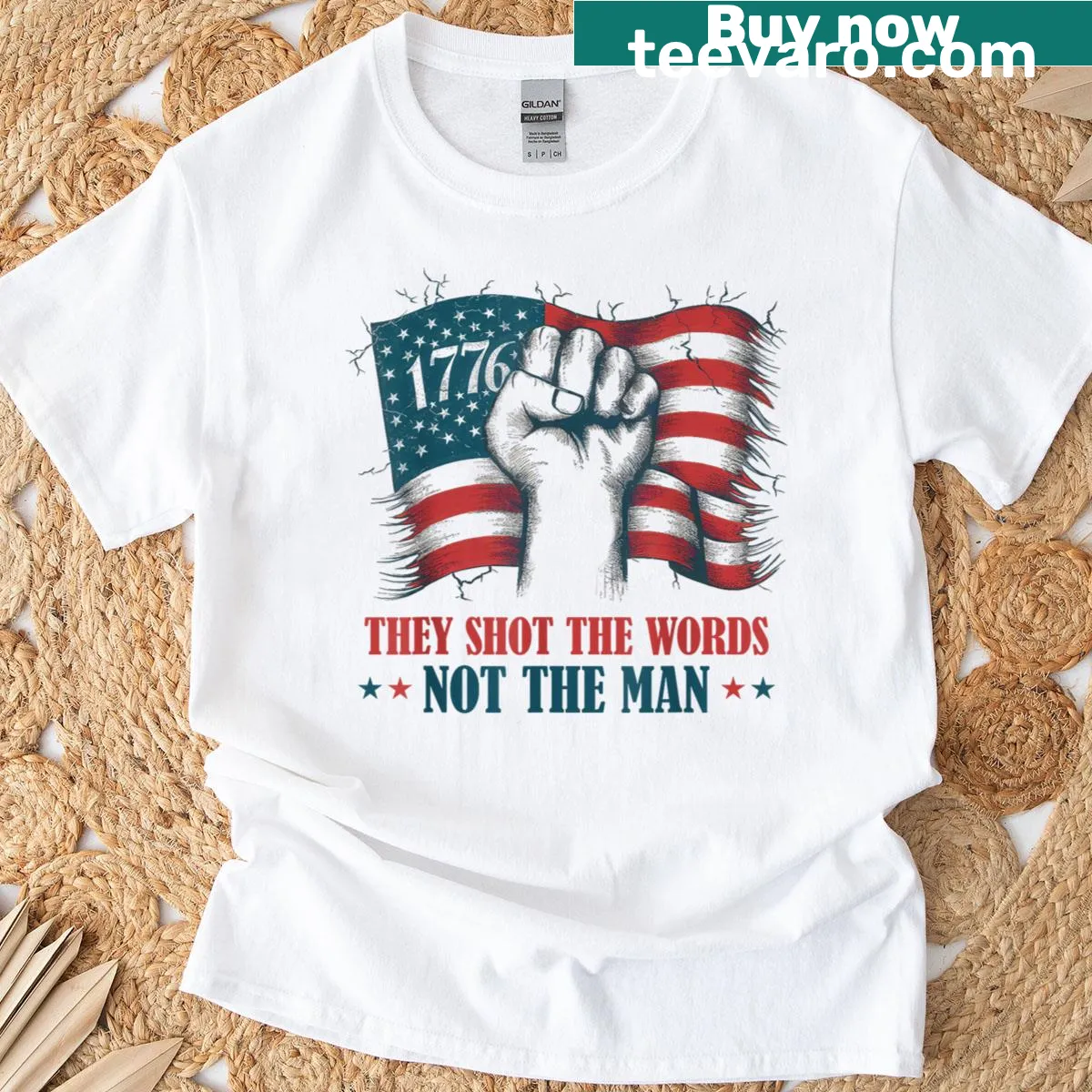 Strong Christian faith t-shirt with 'They Shot The Words Not The Man' text — on a men's t-shirt