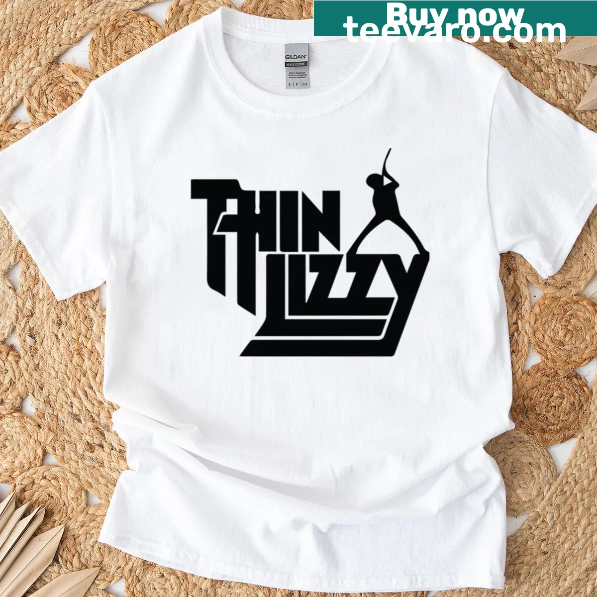 Thin Lizzy logo displayed on a casual T-shirt. — on a men's t-shirt