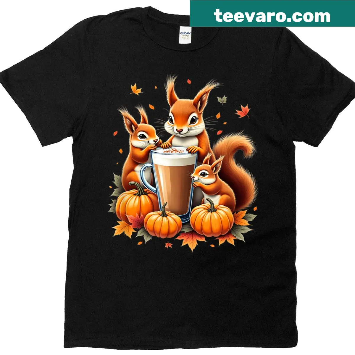 Autumn-themed t-shirt with three squirrels and pumpkin spice lattes — on a men's t-shirt