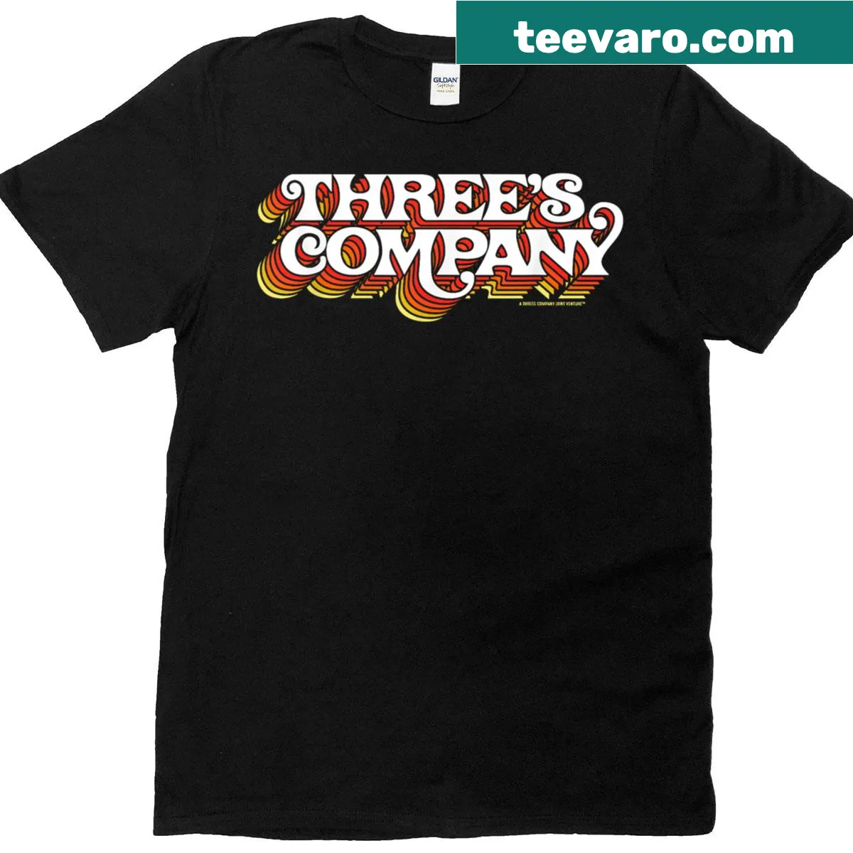 Threes Company logo on officially licensed t-shirt — on a men's t-shirt