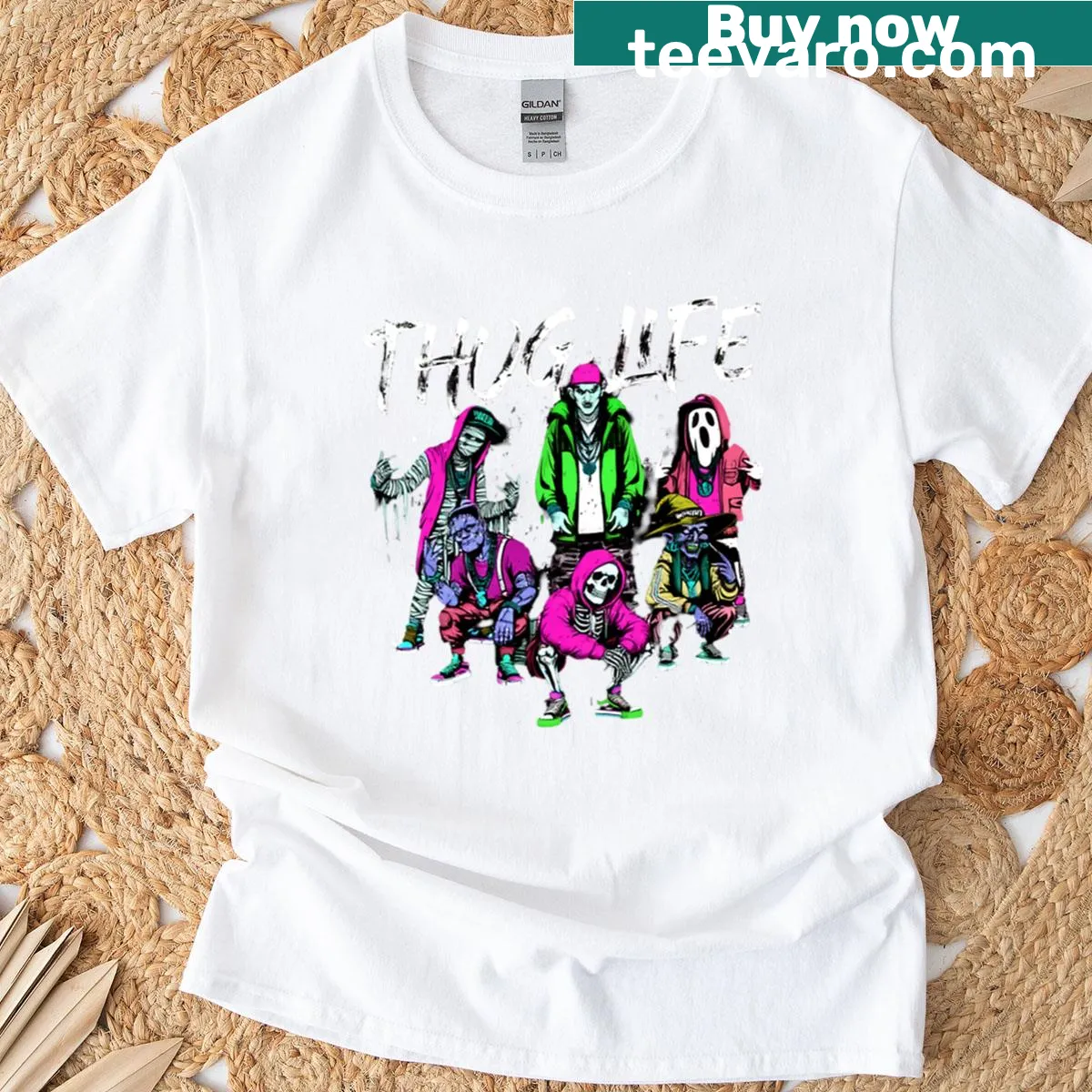Cartoon-style Halloween T-shirt with a mummy, skeleton, goblin, and Frankenstein. — on a men's t-shirt