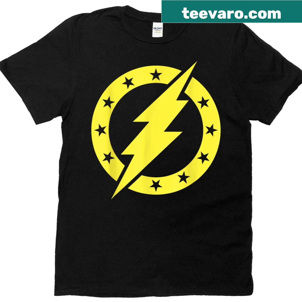 Band T-shirt featuring a thunderbolt logo and stars — on a men's t-shirt