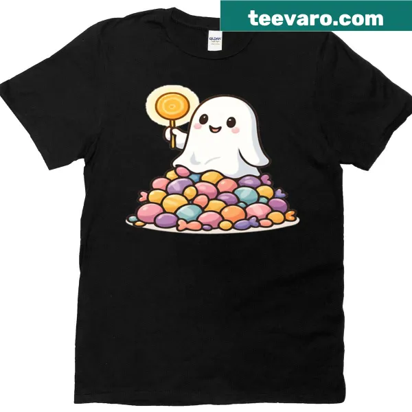 Playful shirt with a tiny ghost on a candy mountain design.
