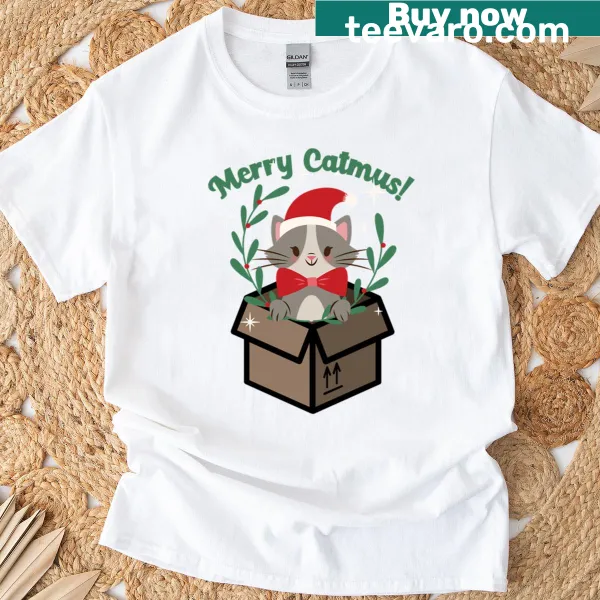 Humorous T-shirt with cat-themed Christmas graphics