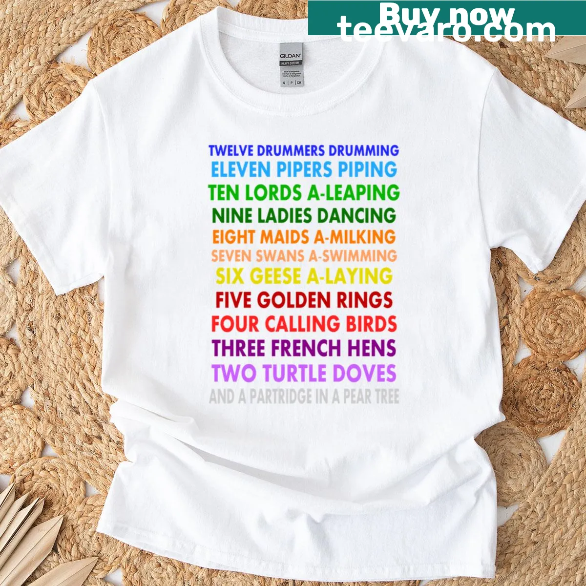 Festive T-shirt featuring the lyrics of the Twelve Days of Christmas — on a men's t-shirt