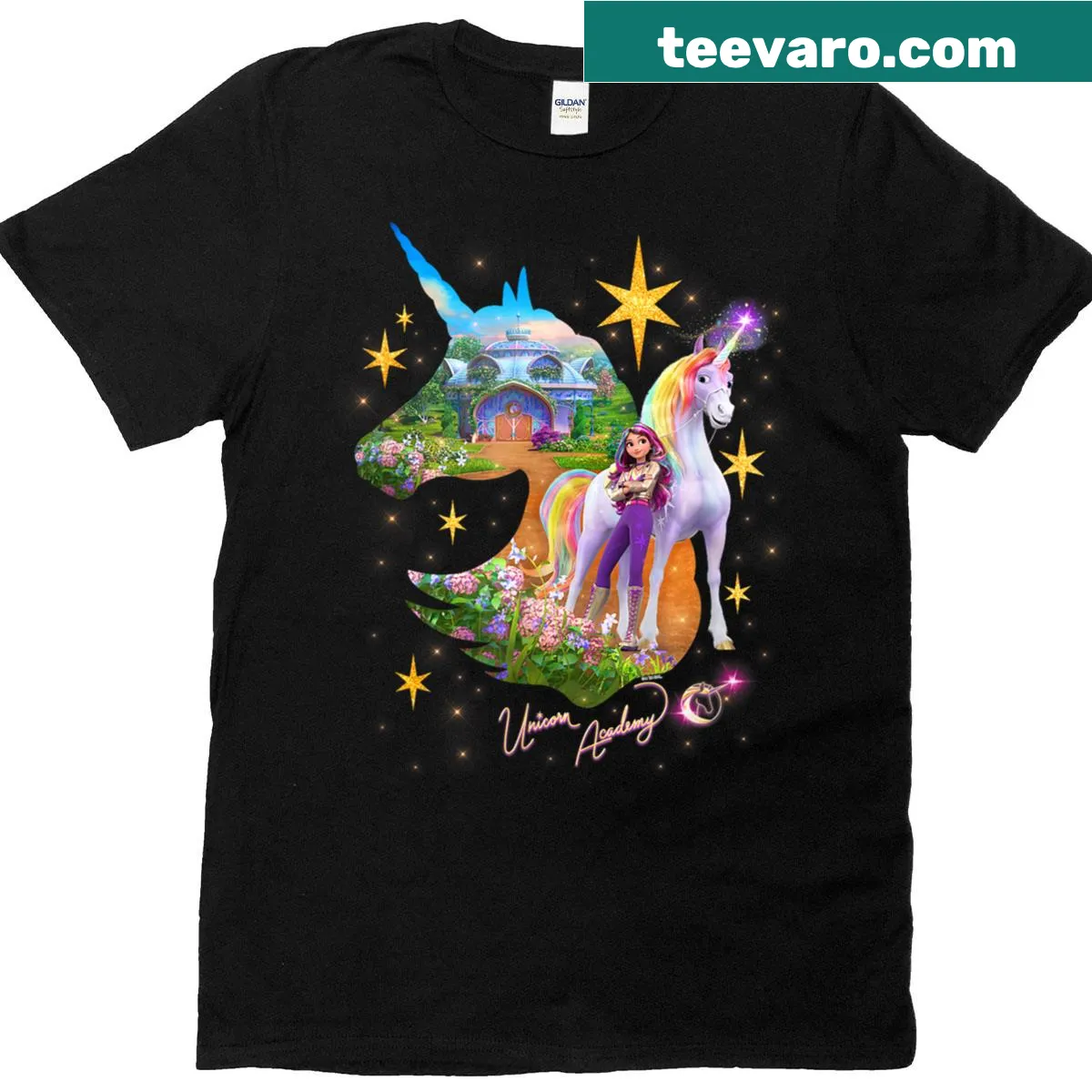 Silhouette T-shirt featuring a unicorn academy logo design — on a men's t-shirt