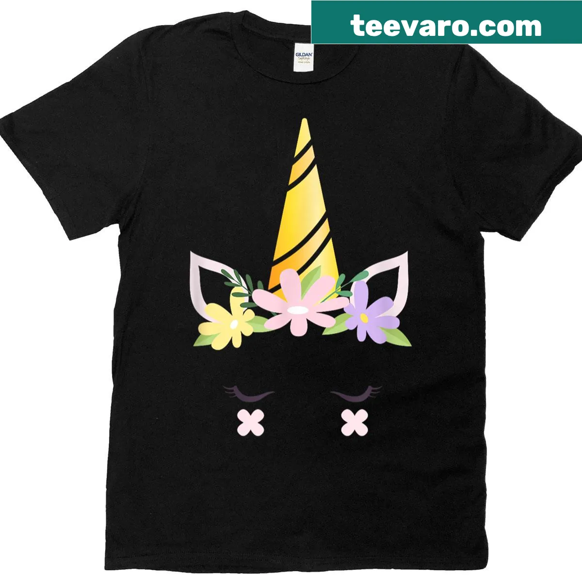 Cute unicorn face T-shirt with floral and eyelash details. — on a men's t-shirt