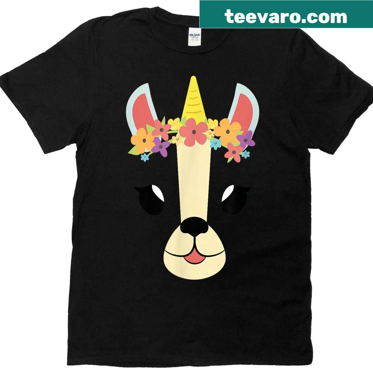 Halloween T-shirt featuring a unicorn face with flower wreath design — on a men's t-shirt