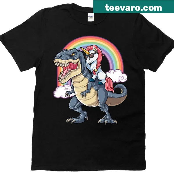 Cartoon unicorn riding T-rex with rainbow elements for kids