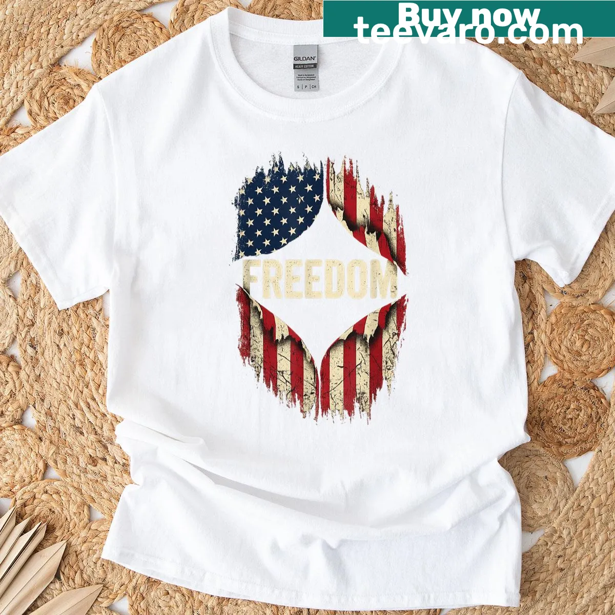 American flag T-shirt celebrating the Fourth of July — on a men's t-shirt