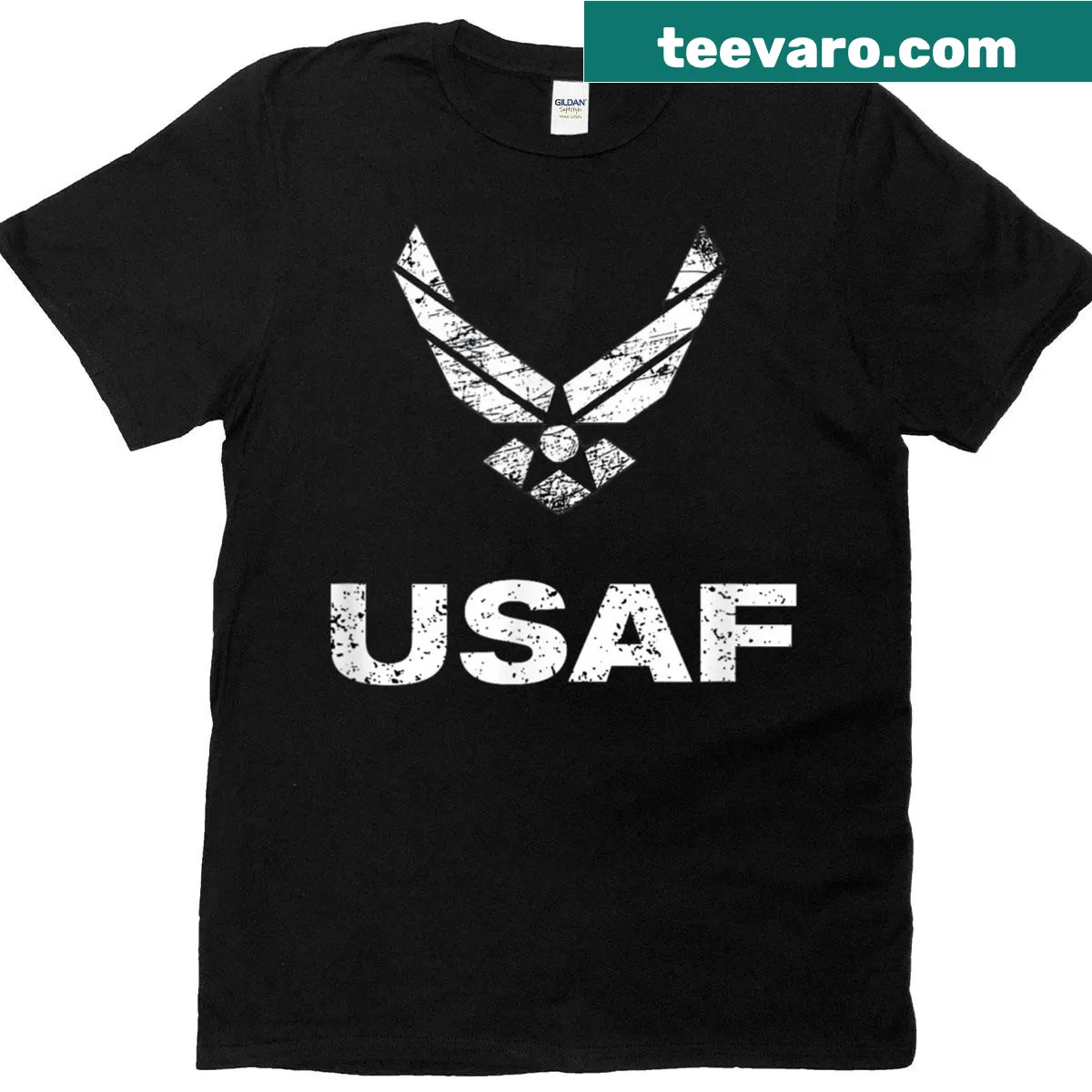 Distressed USAF Air Force logo graphic T-shirt — on a men's t-shirt
