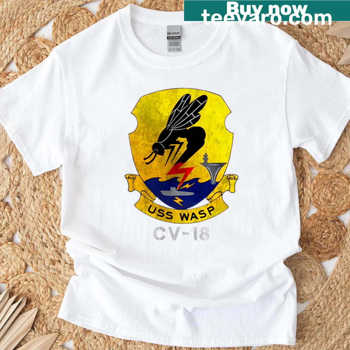 USS Wasp CV-18 shirt featuring the aircraft carrier logo — on a men's t-shirt