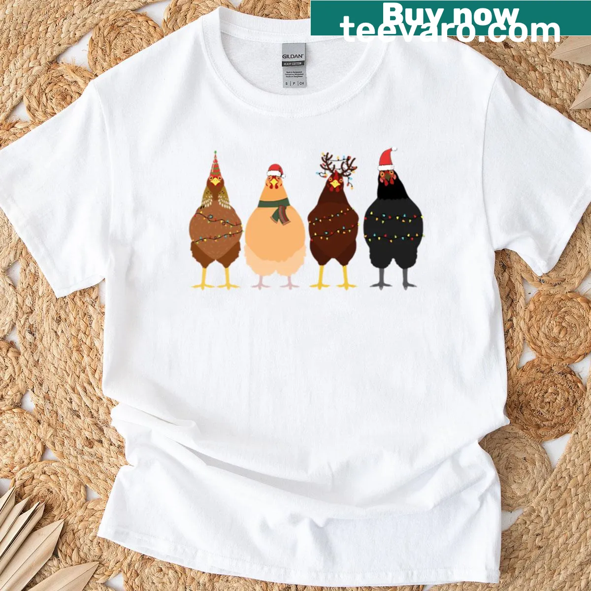Oversized festive chicken graphic T-shirt for Christmas — on a men's t-shirt