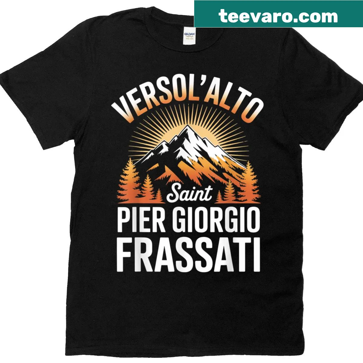Illustrated T-shirt celebrating Saint Pier Giorgio Frassati — on a men's t-shirt