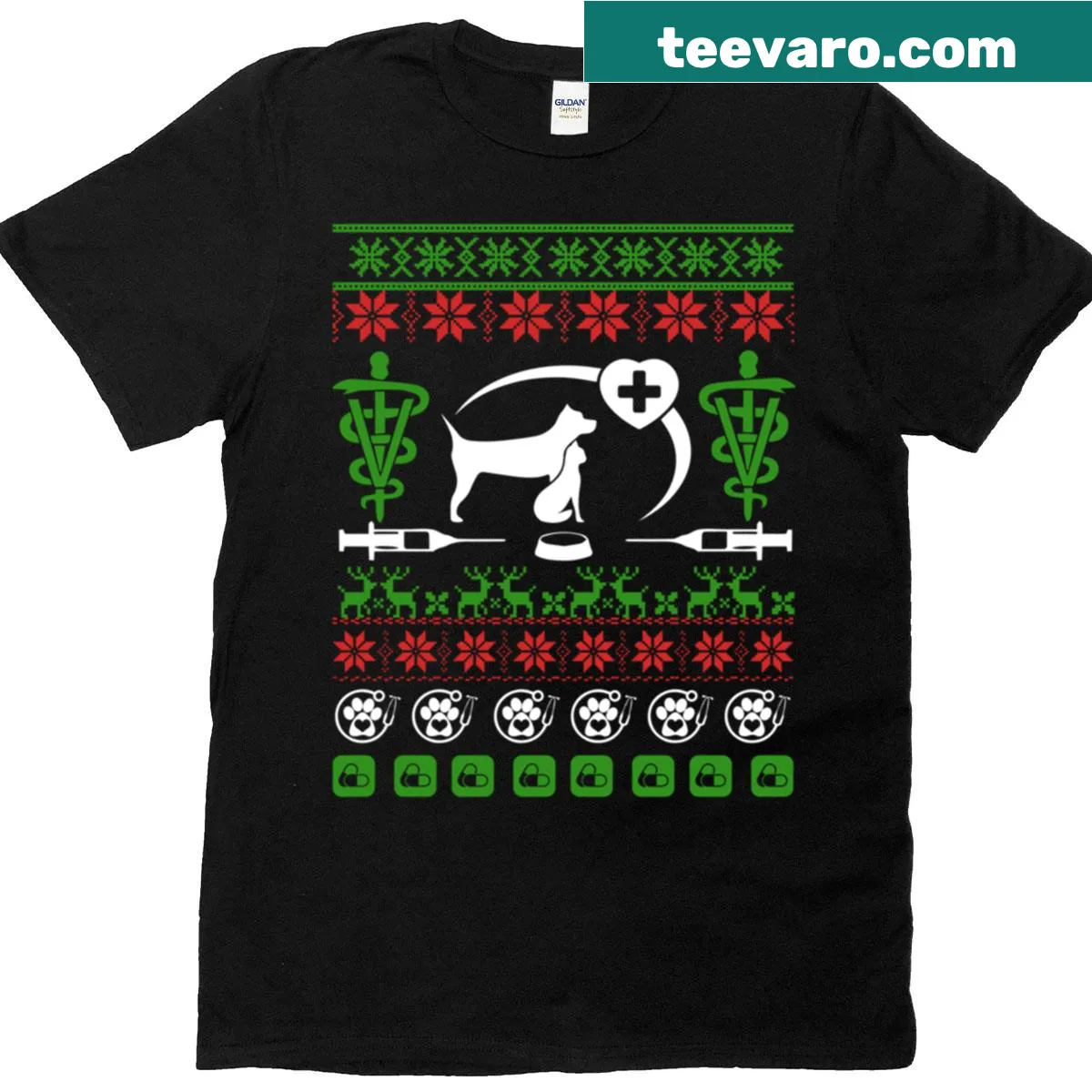 Vet Tech Christmas T-shirt blending festive and veterinary themes. — on a men's t-shirt