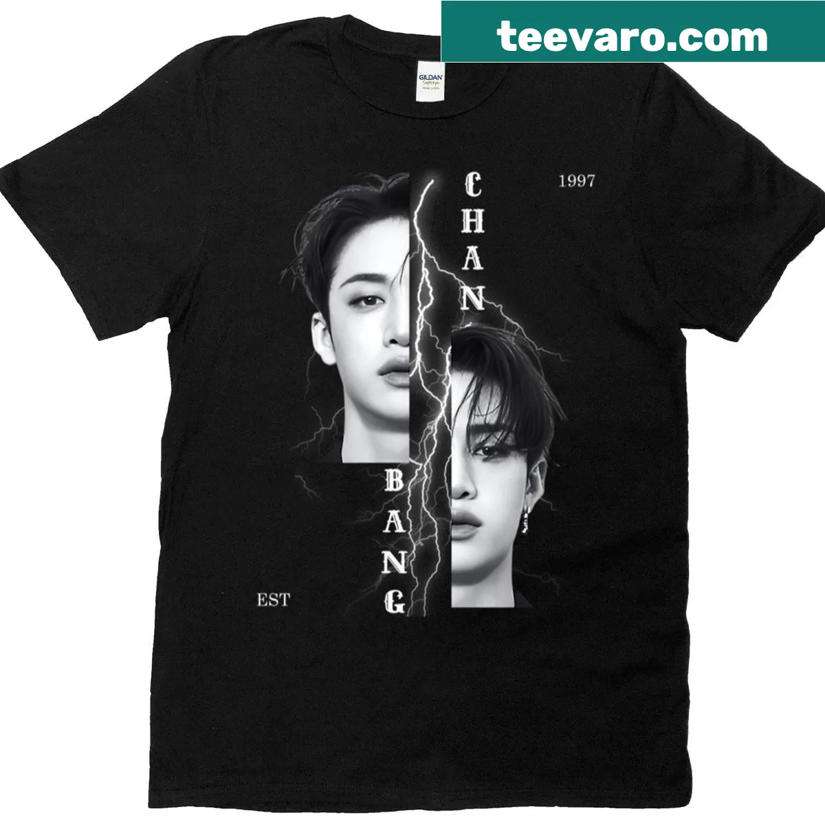 Distressed graphic T-shirt featuring Bang Chan from Stray Kids — on a men's t-shirt