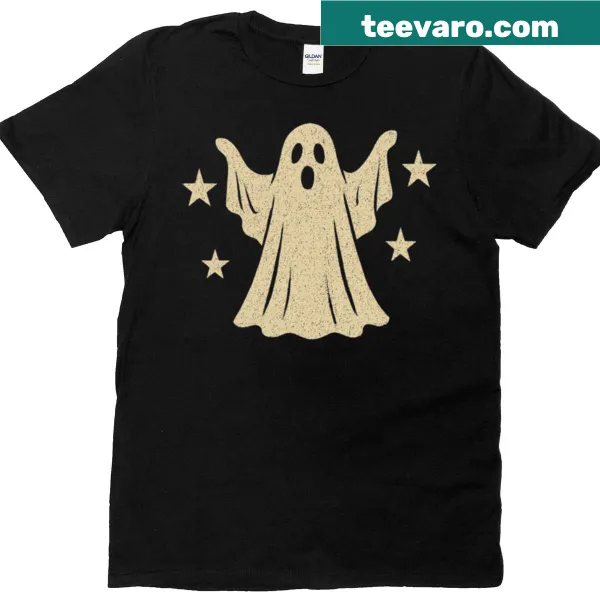 Charming illustration of a friendly ghost on a Halloween-themed t-shirt