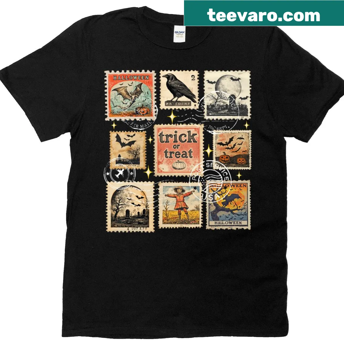 Vintage Halloween T-shirt with a collage of postage stamps featuring Halloween themes — on a men's t-shirt