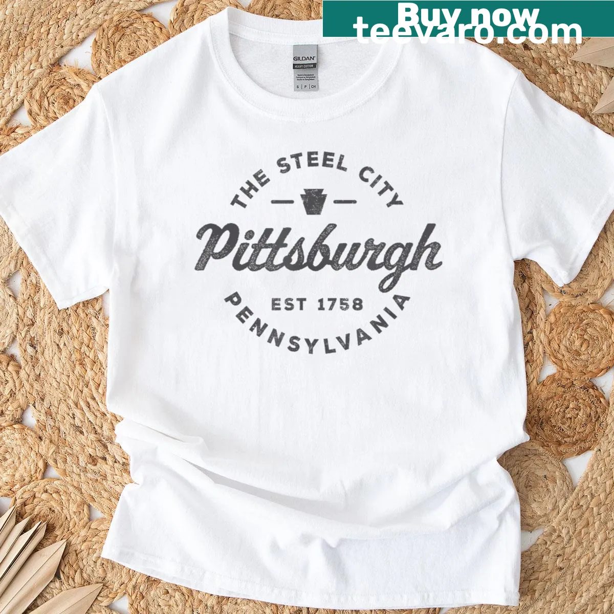 Vintage Pittsburgh circle logo printed on a men's t-shirt — on a men's t-shirt