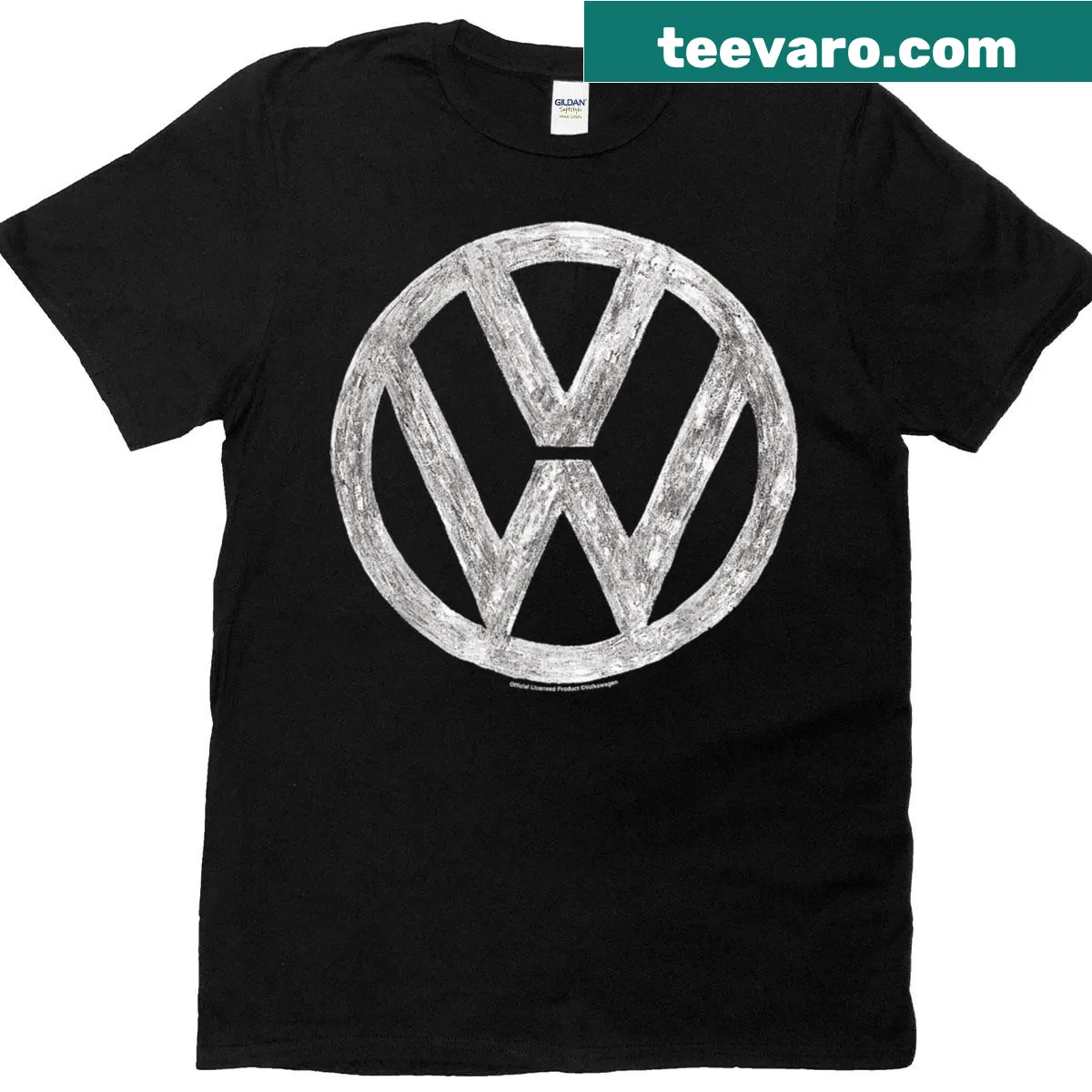 Illustrated Volkswagen logo T-shirt with playful design — on a men's t-shirt