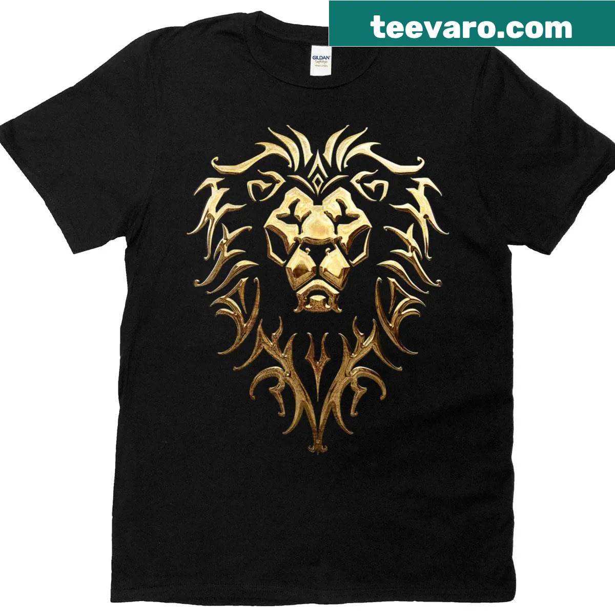 Alliance logo from Warcraft in metallic-crest design — on a men's t-shirt