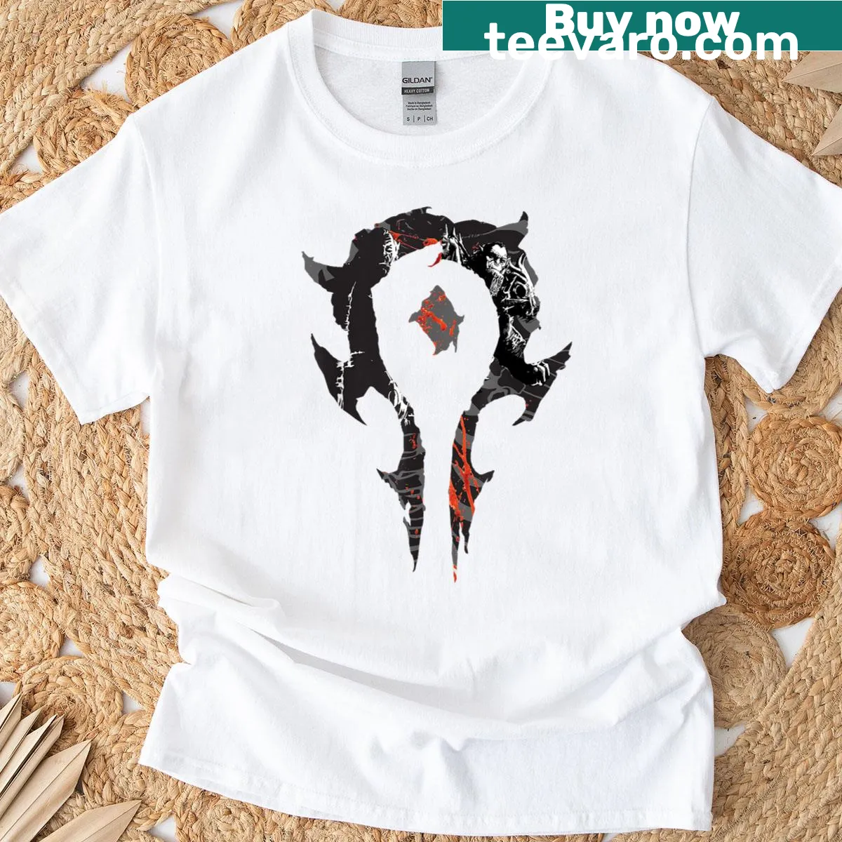 Warcraft-themed T-shirt featuring Horde logos and crests — on a men's t-shirt
