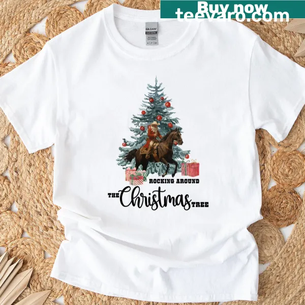 Western-themed Christmas T-shirt with festive holiday illustrations