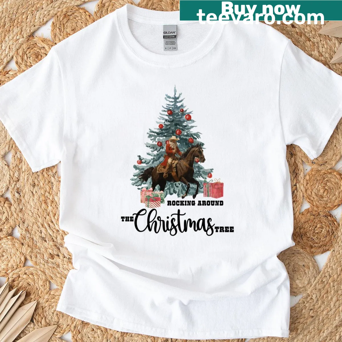 Western-themed Christmas T-shirt with festive holiday illustrations — on a men's t-shirt