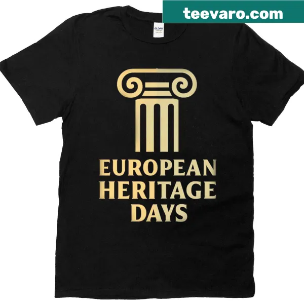 Illustrated T-shirt featuring European heritage landmarks and symbols