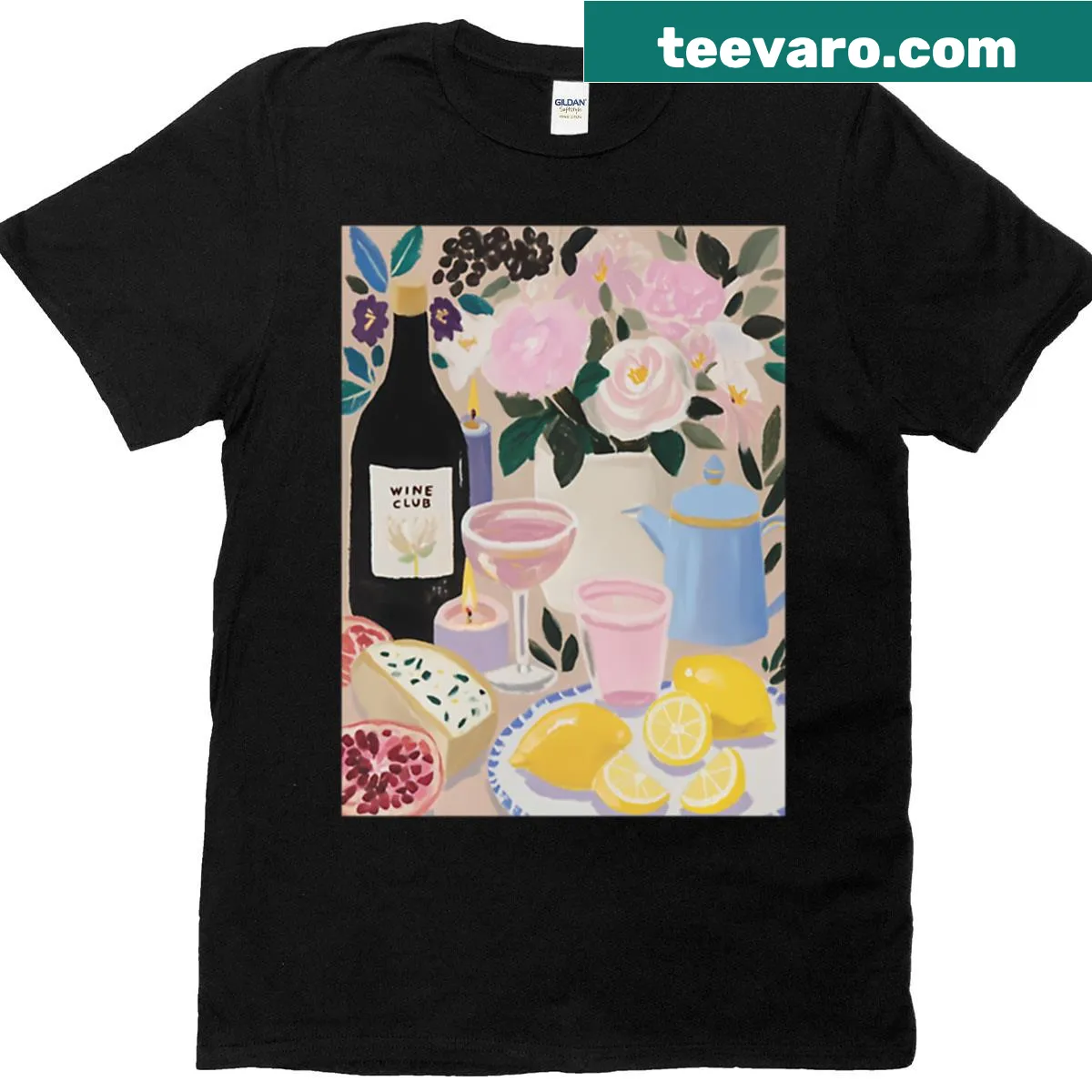 T-shirt featuring wine and cheese graphic for enthusiasts. — on a men's t-shirt