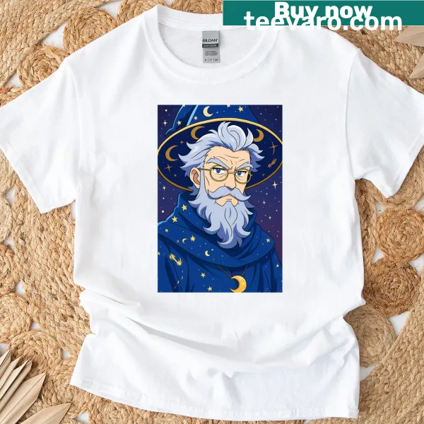 Whimsical T-shirt with wizard-themed illustrations