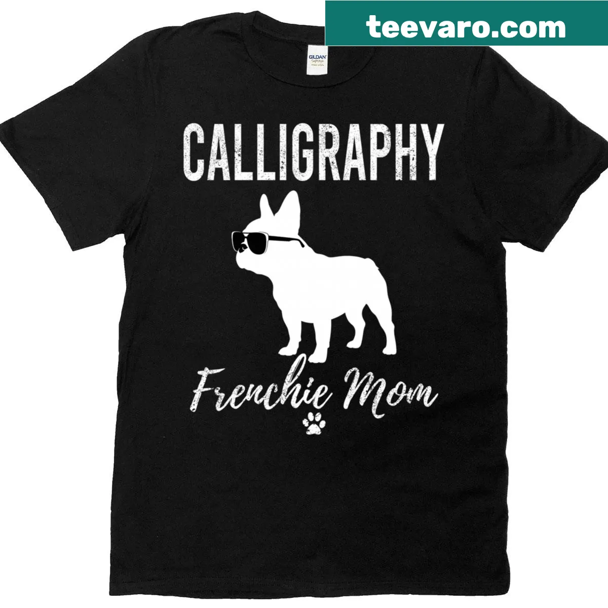 Calligraphy Frenchie Mom t-shirt with humorous text — on a men's t-shirt