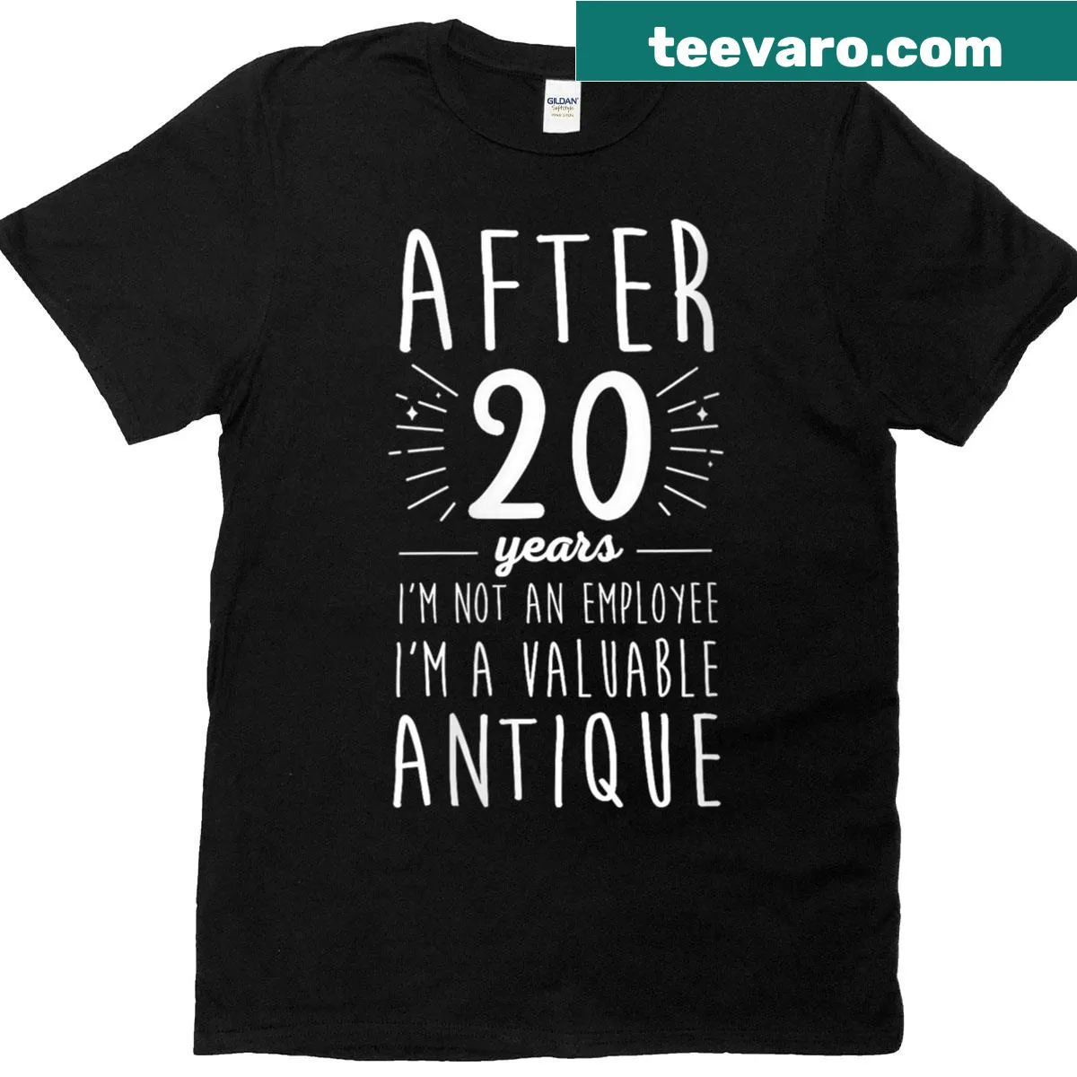 Commemorative t-shirt celebrating 20 years of service in the workplace — on a men's t-shirt