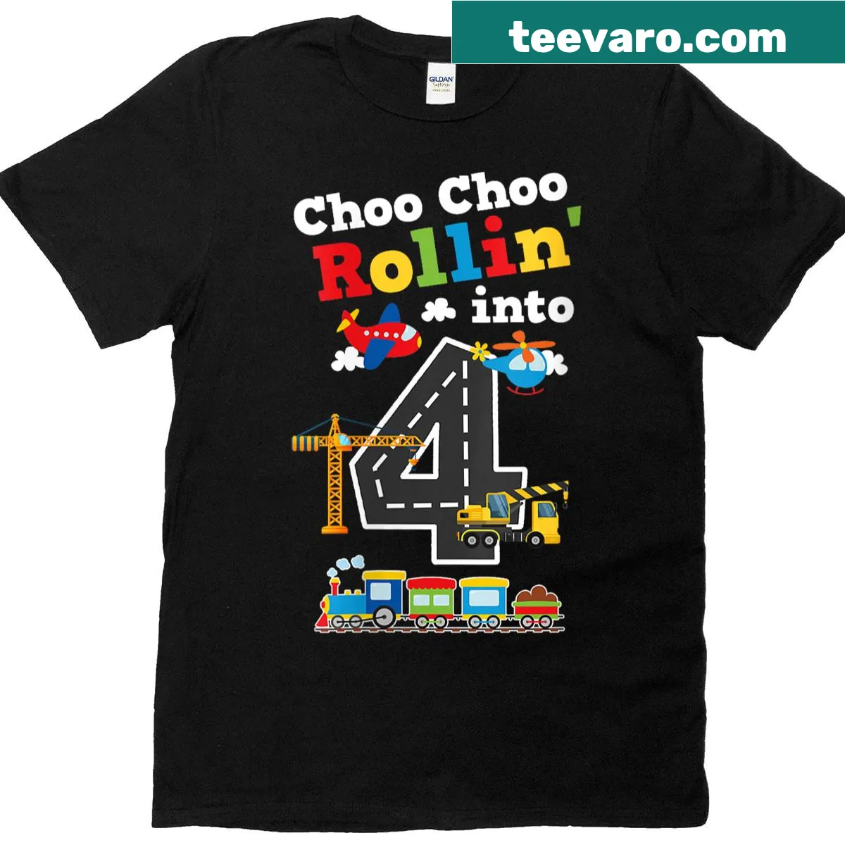 Cute birthday T-shirt with train, fire truck, and airplane graphics — on a men's t-shirt