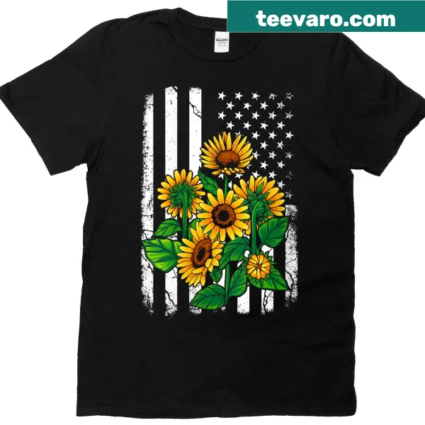 Distressed USA flag with sunflowers on women's t-shirt