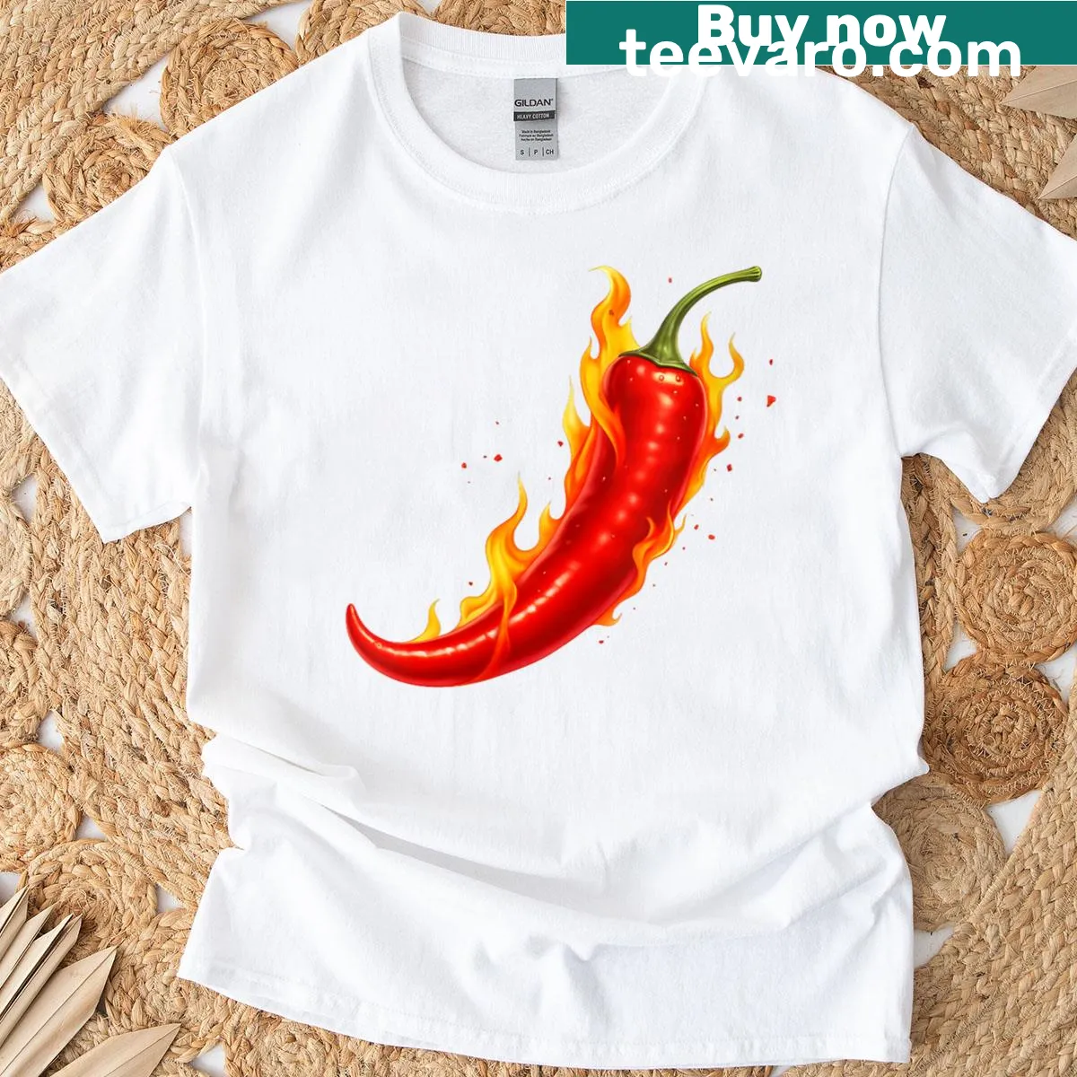 Fiery chili pepper design with humorous text on women's t-shirt — on a men's t-shirt