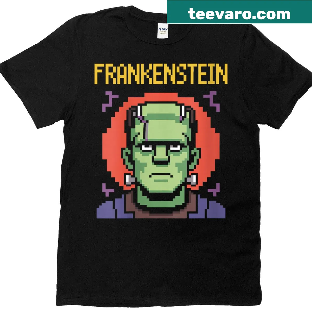 Retro shirt featuring a pixelated Frankenstein monster design — on a men's t-shirt