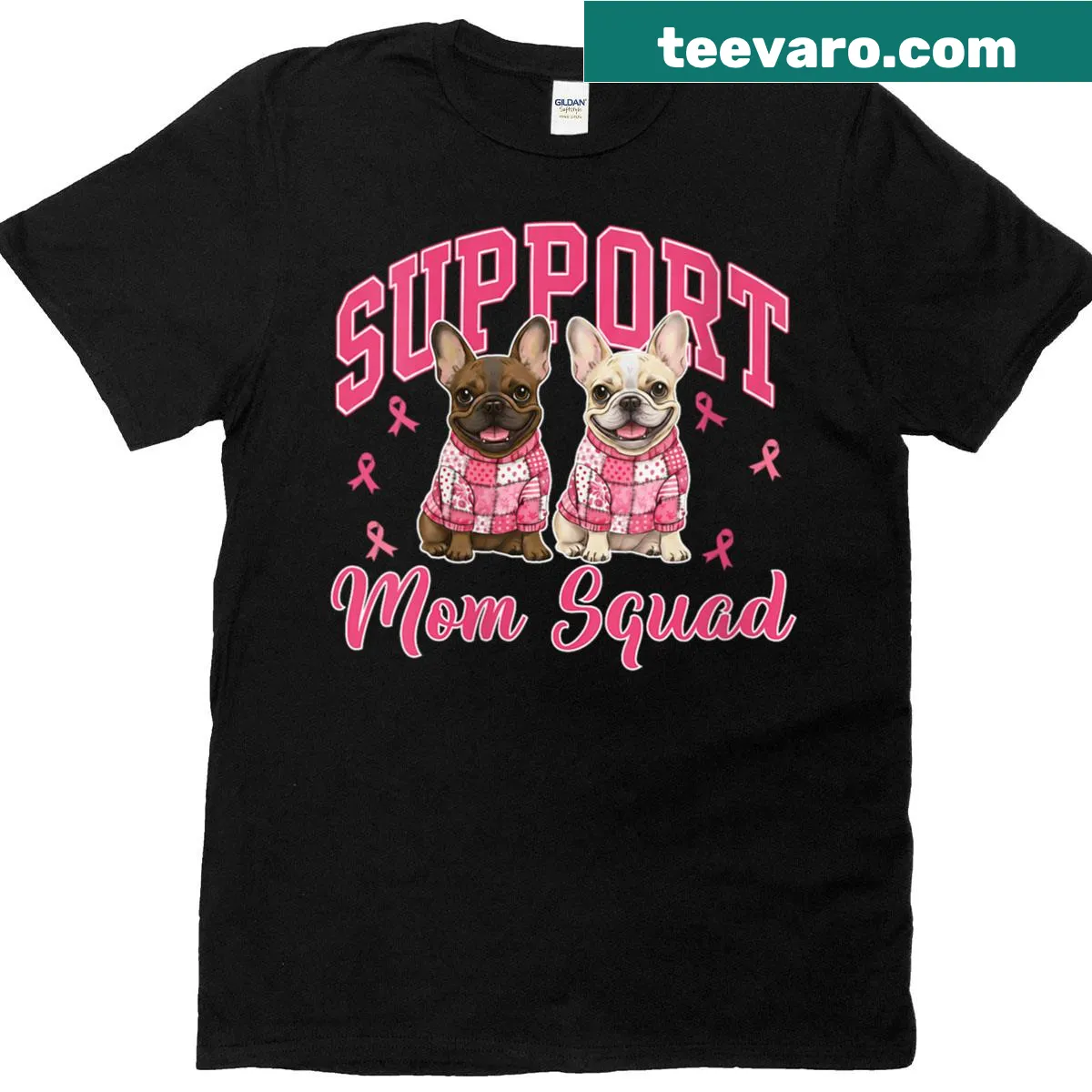 French Bulldog graphic supporting breast cancer awareness on t-shirt — on a men's t-shirt